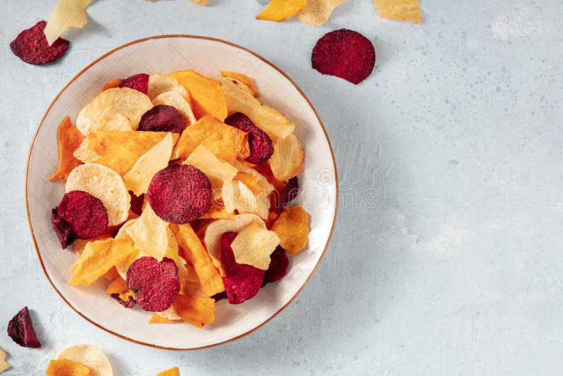 Vegetable Chips, Overhead Flat Lay Shot, a Healthy Vegan Snack Stock