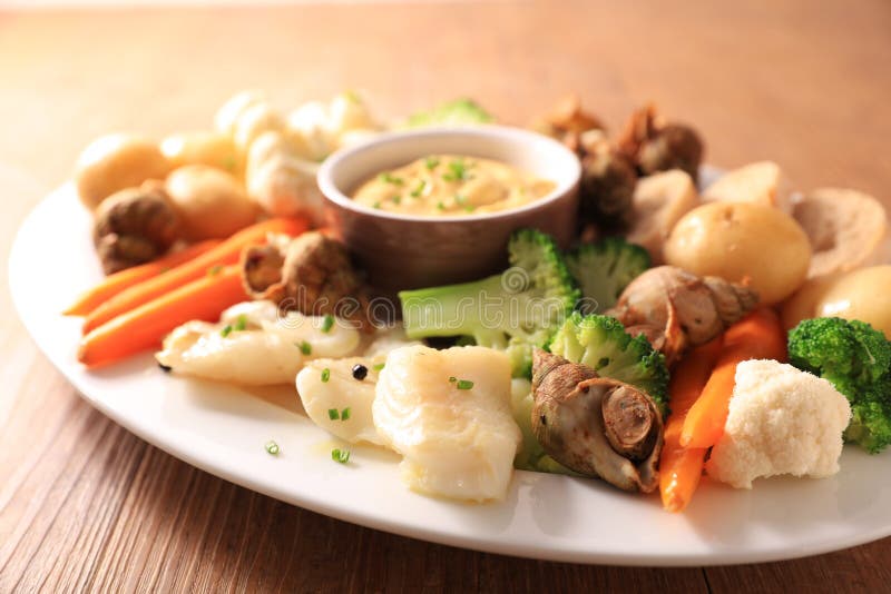 Vegetable, fish and sauce stock image. Image of party 200501241