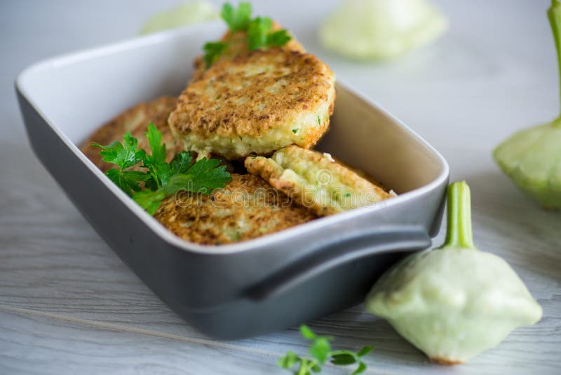 Vegetable Fried Squash and Zucchini Cutlets in a Ceramic Form Stock