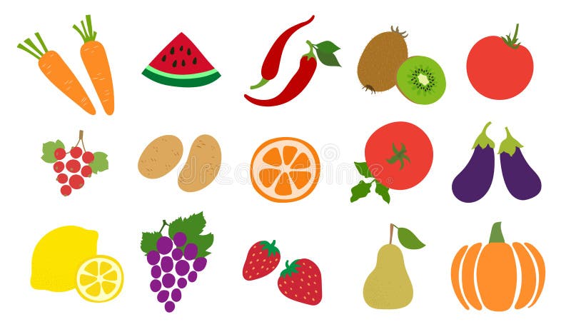 Vegetable, fruit, berry set. Carrot, watermelon, pepper, kiwi, tomato, currant, potato, orange, eggplant, lemon, grapes