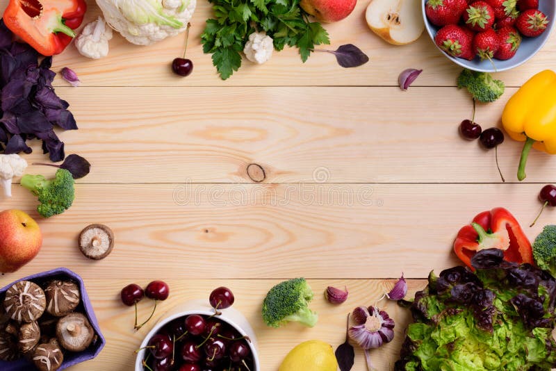 Vegetable and fruit food background. Organic healthy vegetarian foods. Farmers market layout. Copy space, top view.