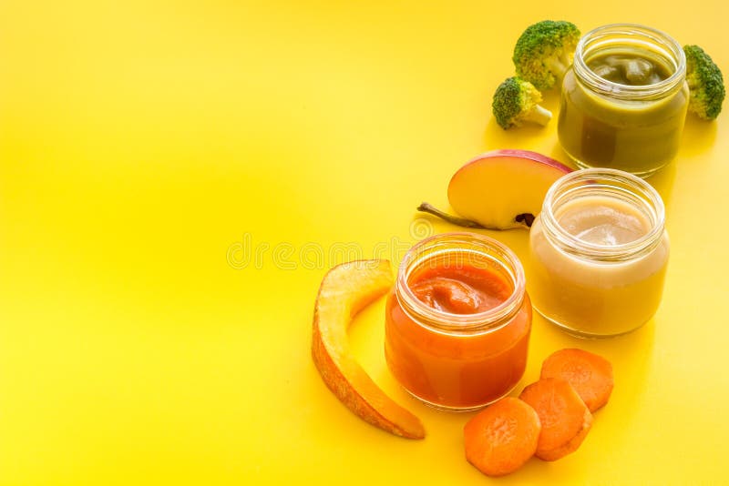 Vegetable and Fruits Puree for Feed Babies on Yellow Background Copy