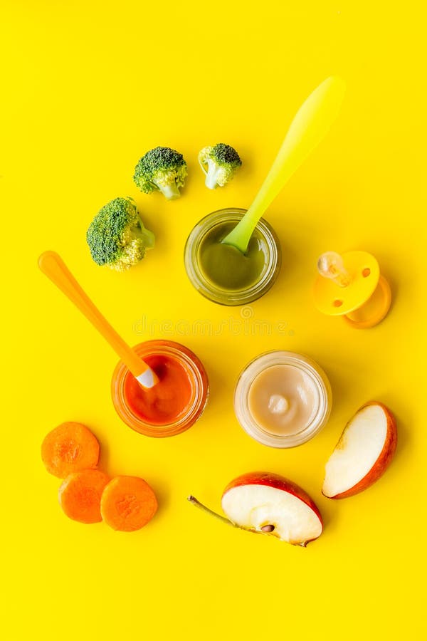 Vegetable and Fruits Puree for Feed Babies on Yellow Background Top