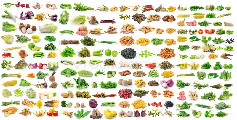 vegetable grains and herbs on white background