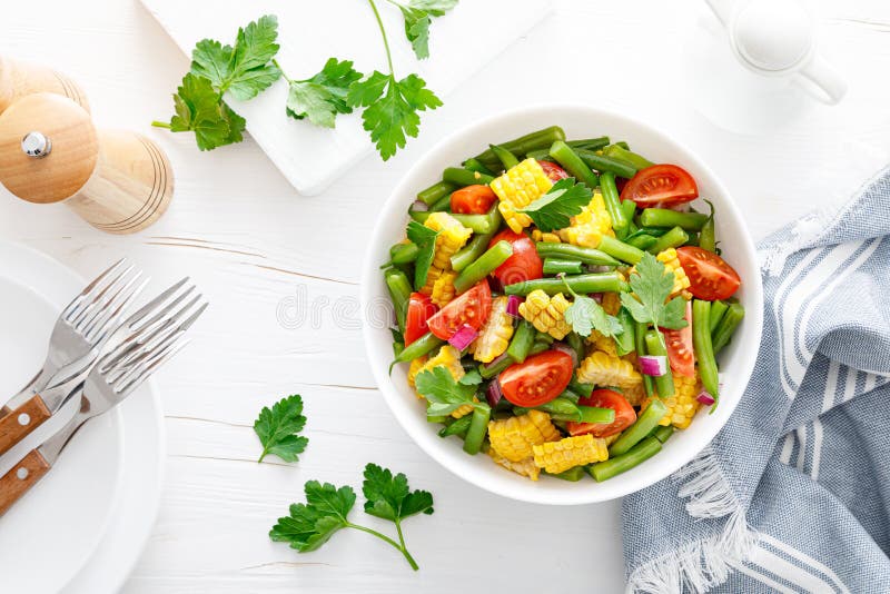 Vegetable Green Beans and Corn Salad with Tomato, Red Onion and Parsley