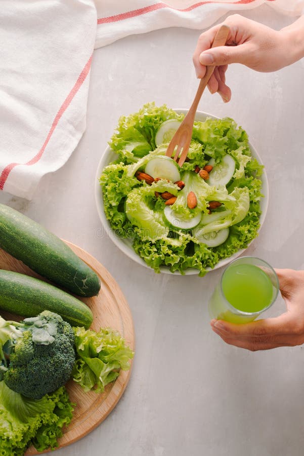 Vegetable Green Salad Bowl on Kitchen Table, Balanced Diet Stock Image