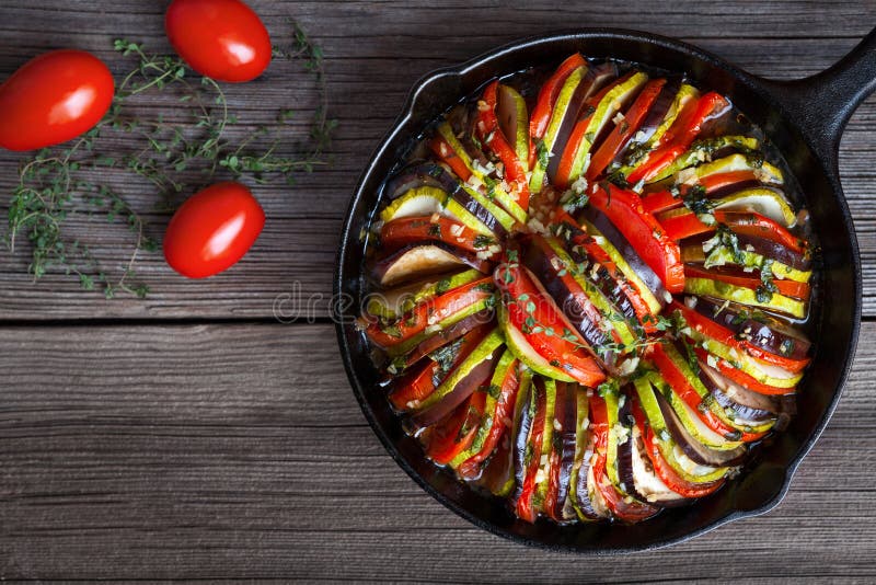 Vegetable ratatouille baked in cast iron frying