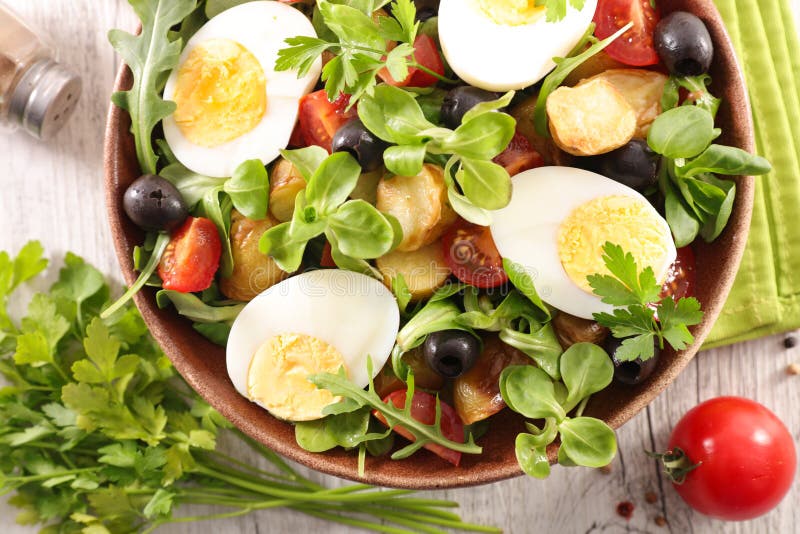 Vegetable Salad with Boiled Egg, Olive, Tomato Stock Image Image of