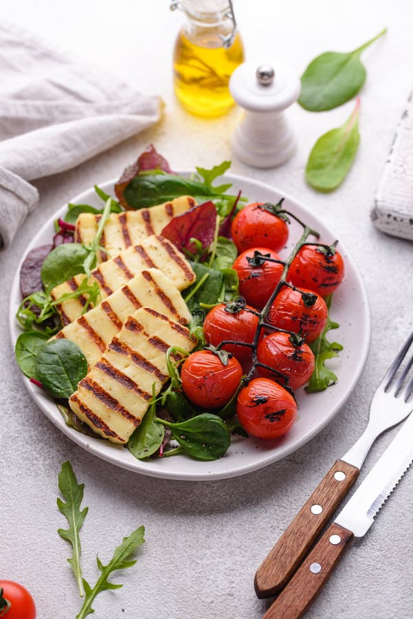Vegetable Salad with Grilled Halloumi Cheese Stock Image Image of