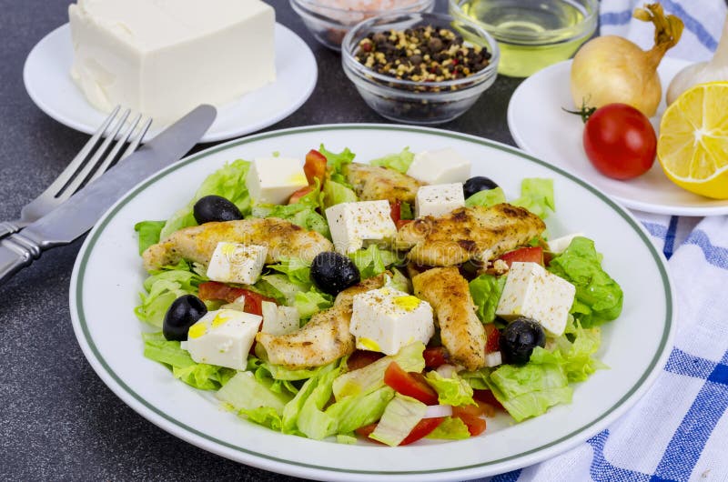 Vegetable Salad with Tofu and Chicken Breast Stock Photo - Image of