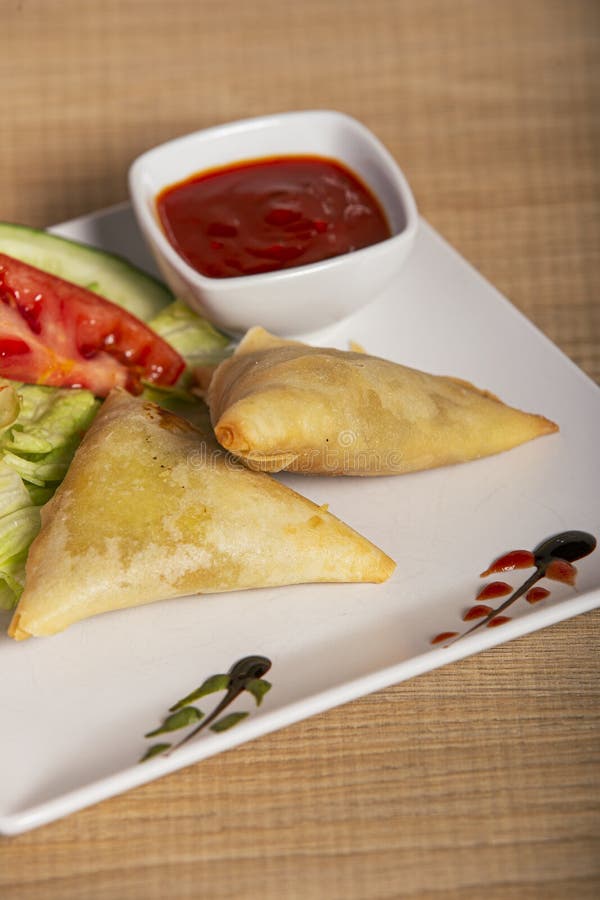 Vegetable Samosa Served with Sauces Ramadan Indian Food, Pakistani Food