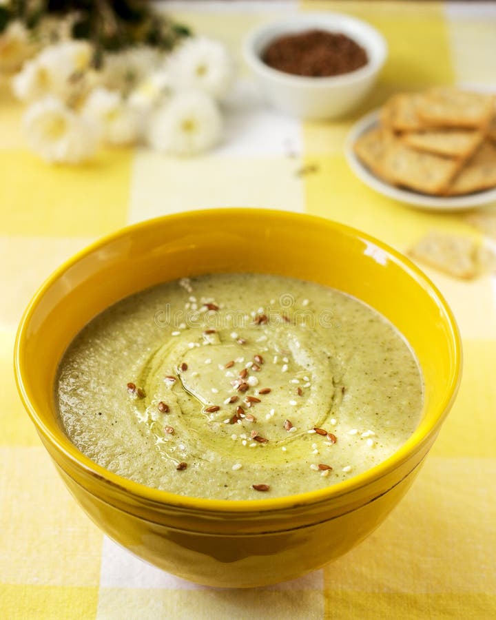 Vegetable Soup with Broccoli, Served with Crackers, Linseed Oil and