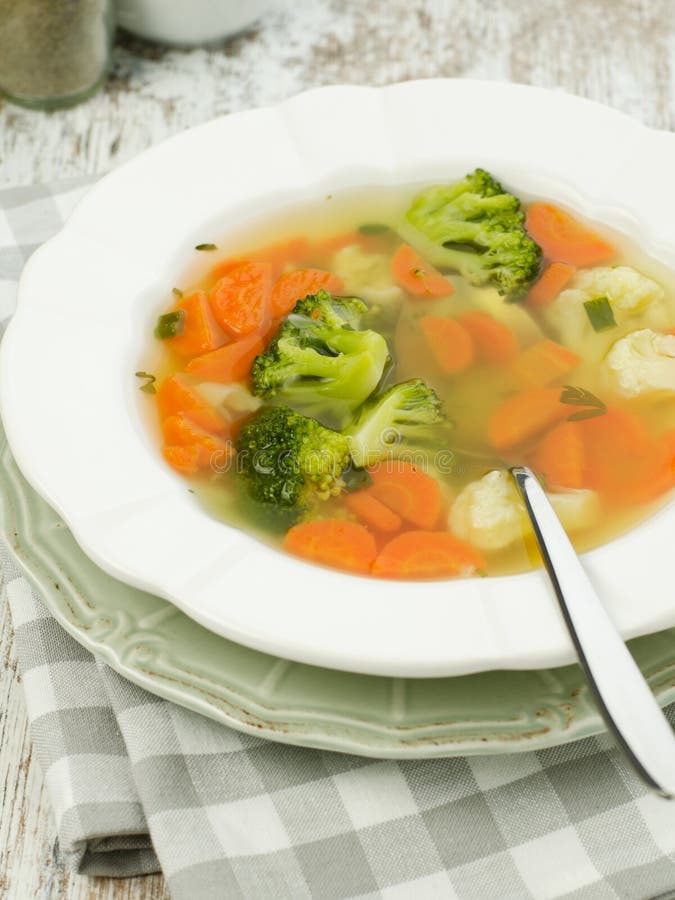 Bright Spring Vegetable Soup with Cauliflower, Broccoli, Pepper, Carrot