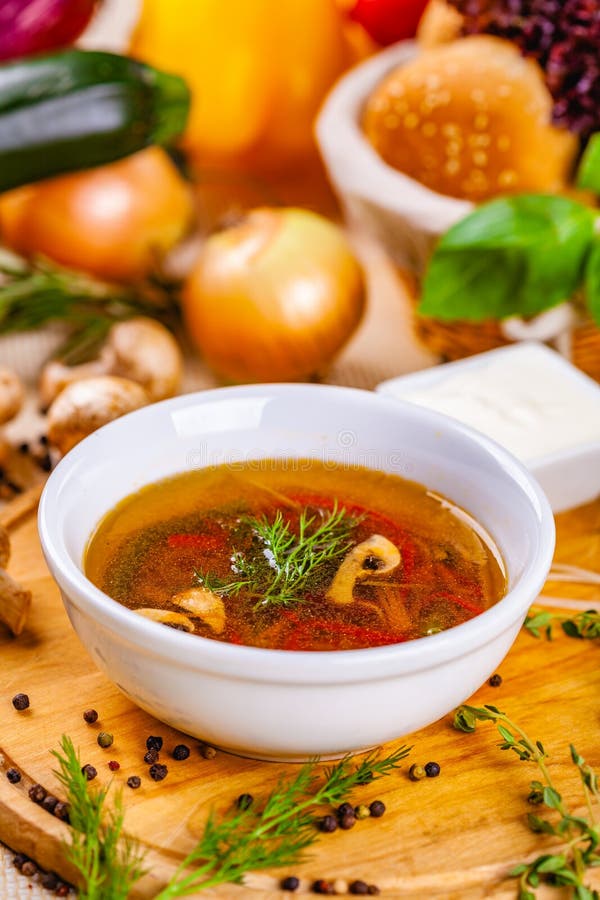 Vegetable Soup with Herbs and Spices in White Plate Stock Photo Image