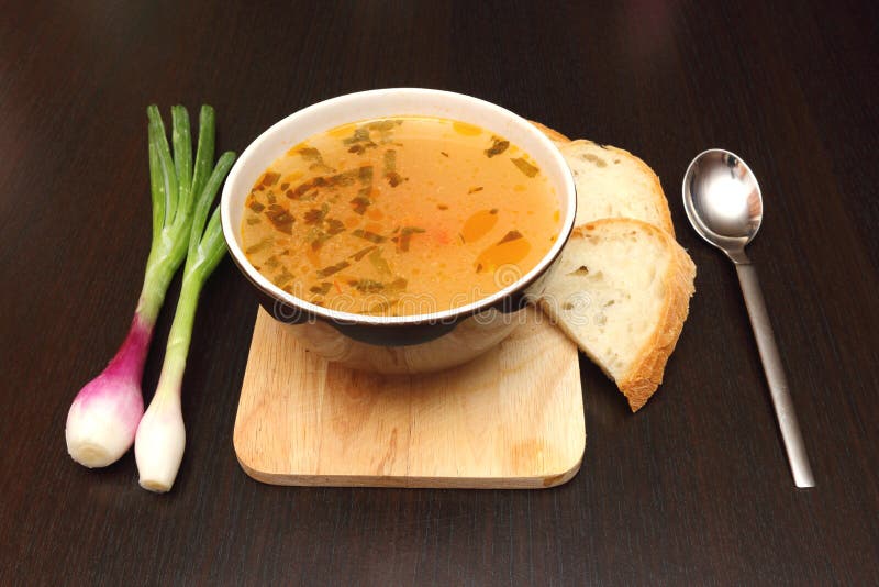 Vegetable soup with onion stock photo. Image of bread 25614810