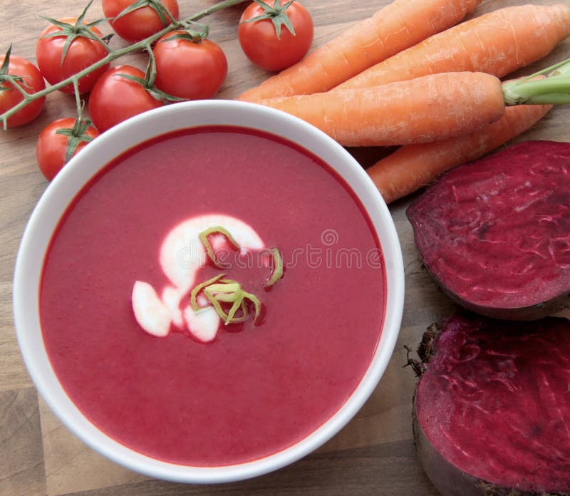 Vegetable Soup with Red Beet, Carrots and Tomatoes. Stock Photo Image