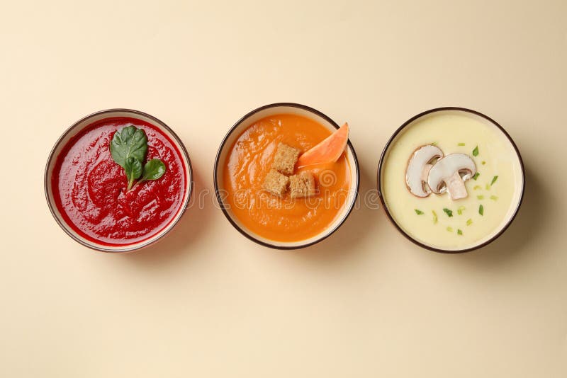 Vegetable Soups and Ingredients on Table. Healthy Eating Stock Photo