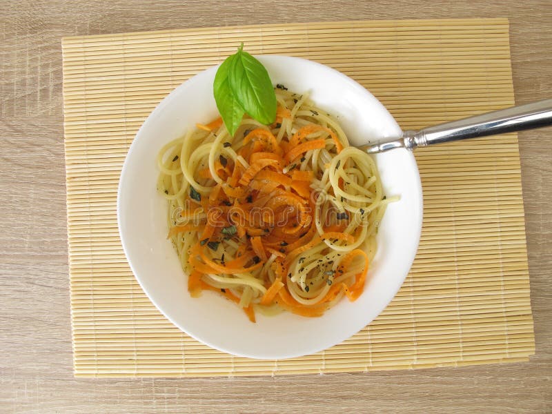 Vegetable Spaghetti from Carrots and Spaghetti in Broth Stock Image