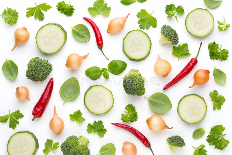 Vegetable and spices isolated on white background, top view. Wallpaper abstract composition of vegetables.