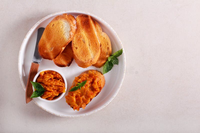 Vegetable Spread Over Toasts Served Stock Photo Image of copyspace