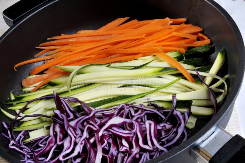 Vegetable strips in fry pan