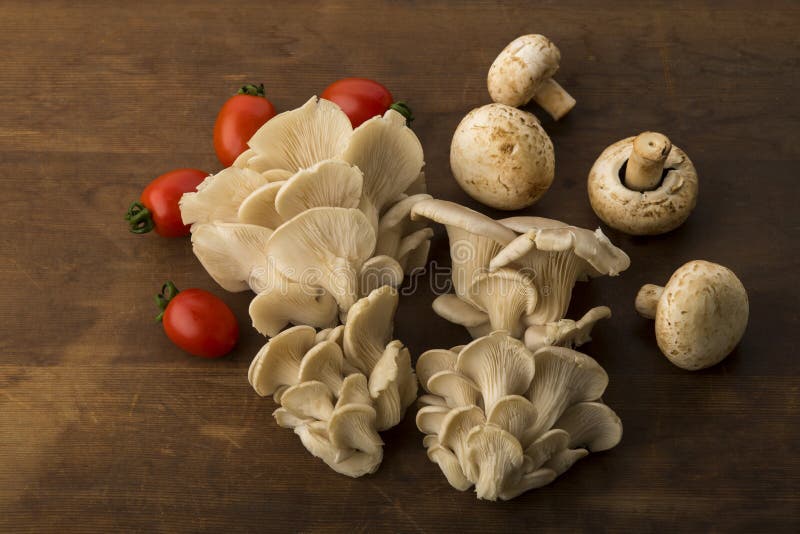 Vegetable: Top View of Oyster and Button Mushrooms with Red Baby Tomatoes on Brown Wooden Background