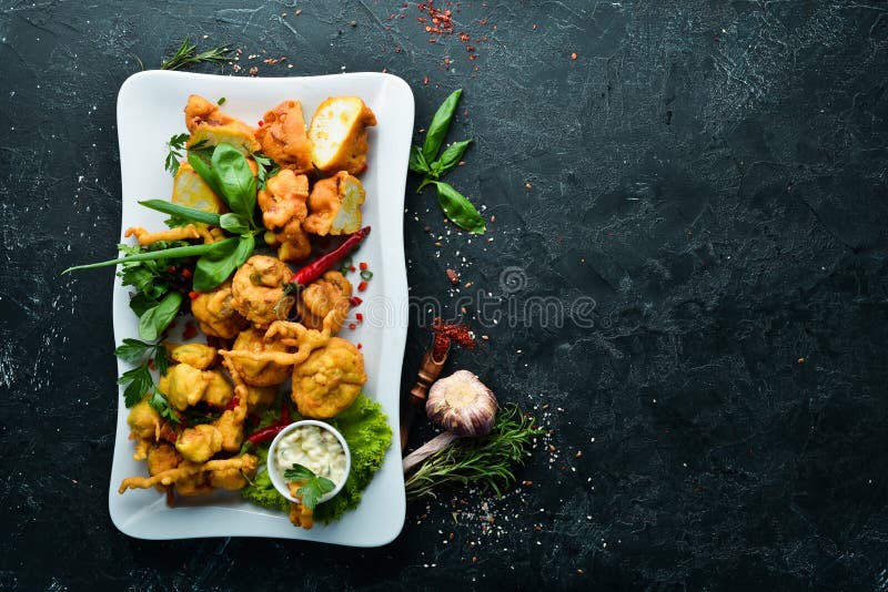 The Vegetables are Deepfried. Restaurant Dishes. Top View Stock Photo