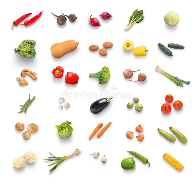 Vegetables of Different Colors Isolated with Shadow, Top View Stock