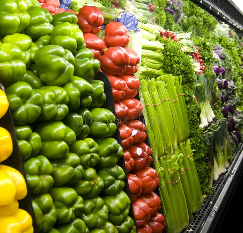 Vegetables displayed inside a grocery store