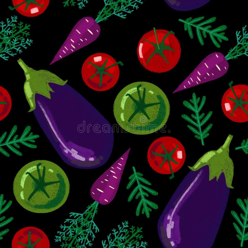 Vegetables Food Pattern on Black Background. Farmer Root Vegetables