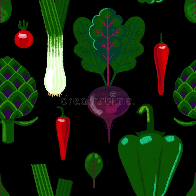 Vegetables Food Pattern on Black Background. Farmer Root Vegetables