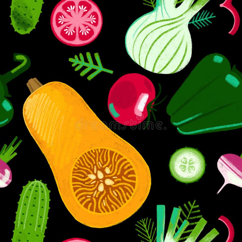 Vegetables Food Pattern on Black Background. Farmer Root Vegetables