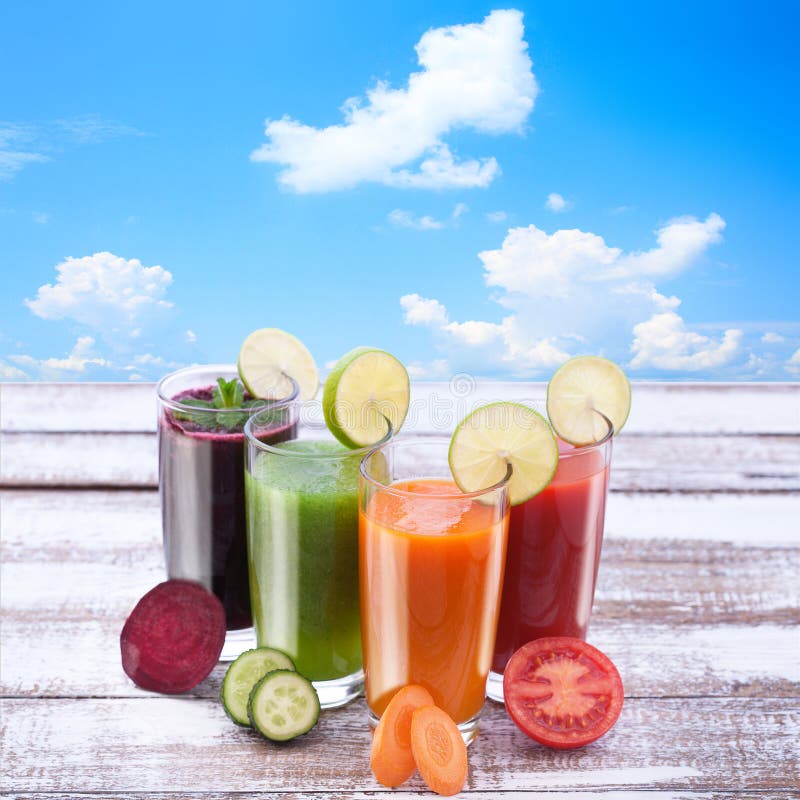 Vegetables, Fresh Juices Mix Fruit Healthy Drinks on Wood Table. Stock Image Image of carrots