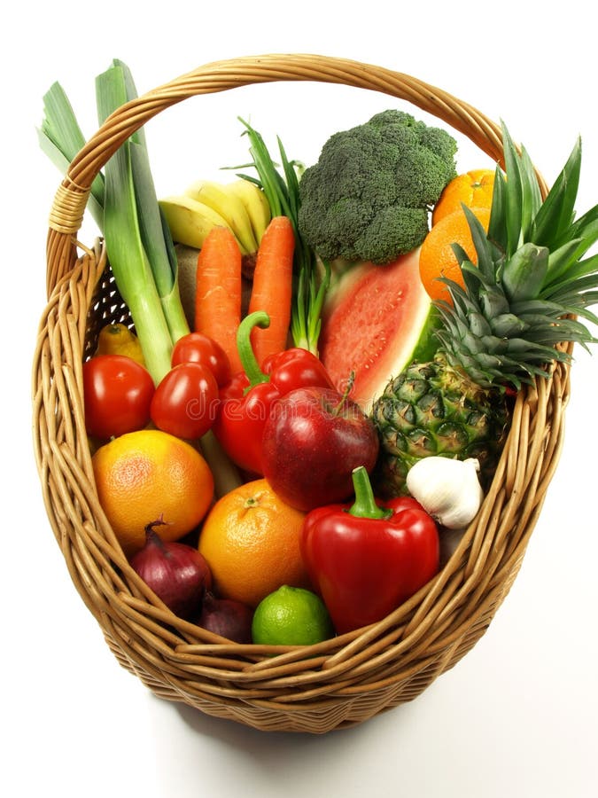 Basket full of fruits and vegetables on isolated background. Crispy diet stock images, royalty-free photos and pictures
