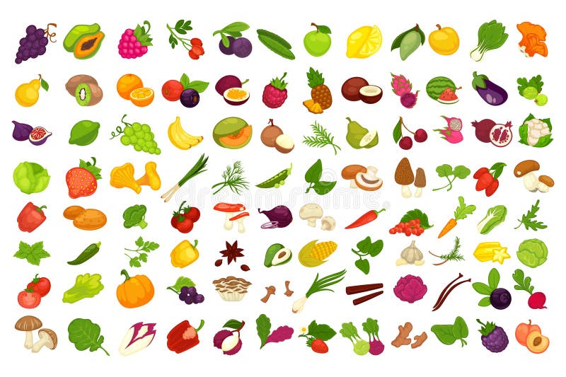 Fructe, legume, fructe, fructe și condimente sau ciuperci vectoriale izolate stock illustration