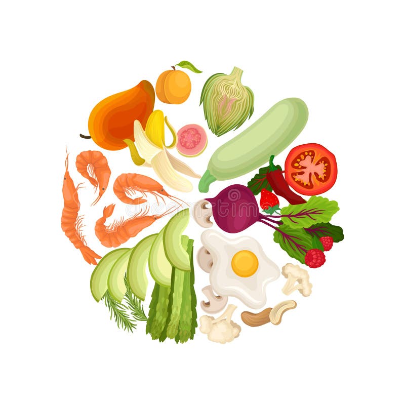Vegetables, fruits, berries, shrimps, eggs, nuts are lined in a circle by color. Vector illustration on white background stock illustration Vegetables, fruits, berries, shrimps, eggs, nuts are lined in a circle by color. Vector illustration on white background stock illustration
