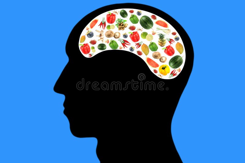 Vegetables and fruits in Head on Blue Background.