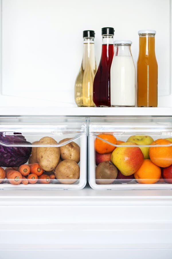 Vegetables and Fruits in Refrigerator Stock Image Image of milk