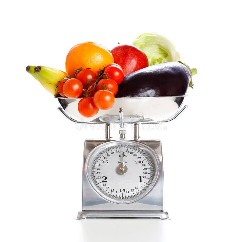 Healthy food weight scale as nutritious fruit vegetables and protein shaped  as a measuring dial needle as a diet control concept Stock Photo - Alamy