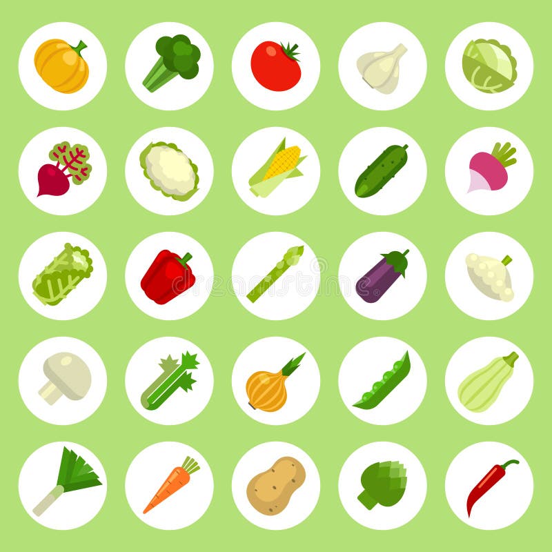 Vegetables Icons Set on Flat Style White Background Stock Vector ...