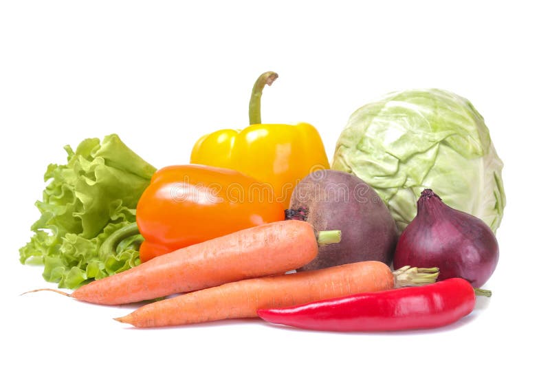 Vegetables including cabbage lettuce onions pepper beetroot carrots on white isolated background