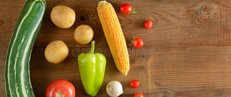 Vegetables Laid Out on a Wooden Table. Top View. Free Space for Text ...
