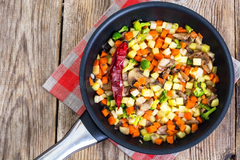 Vegetables with Mushrooms, Cooked in Frying Pan Stock Image Image of
