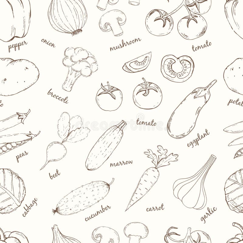 Vegetables With Names Seamless Pattern Stock Illustration