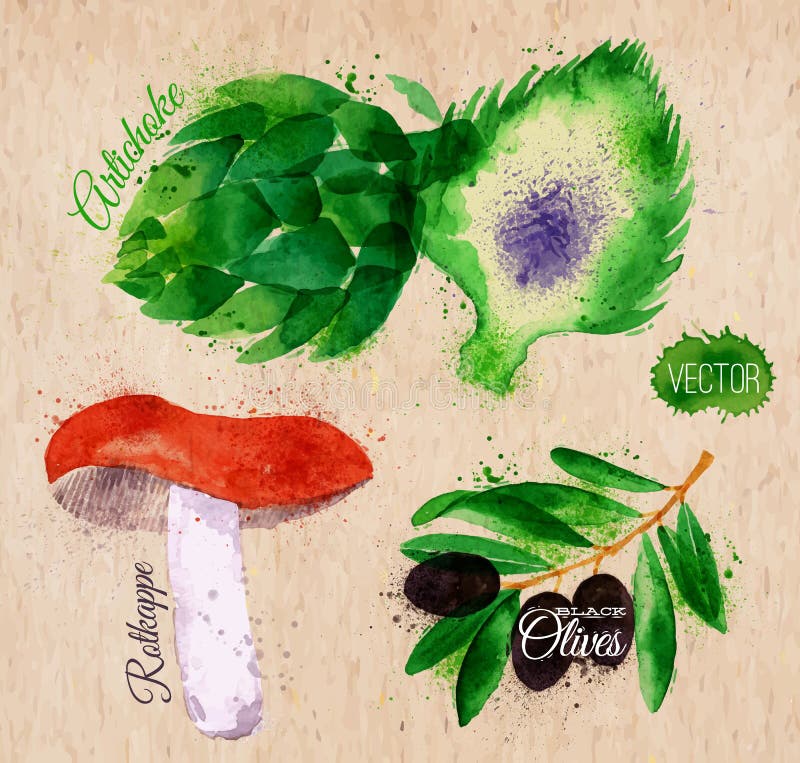 Vegetables watercolor rotkappe, artichokes, black stock illustration Vegetables watercolor rotkappe, artichokes, black stock illustration