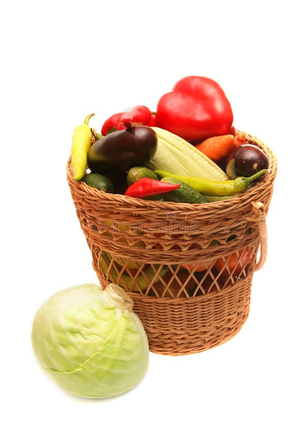 Vegetables in woven basket.