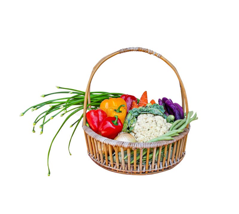 Vegetables in Wood Basket Isolated on White Background and Clipping