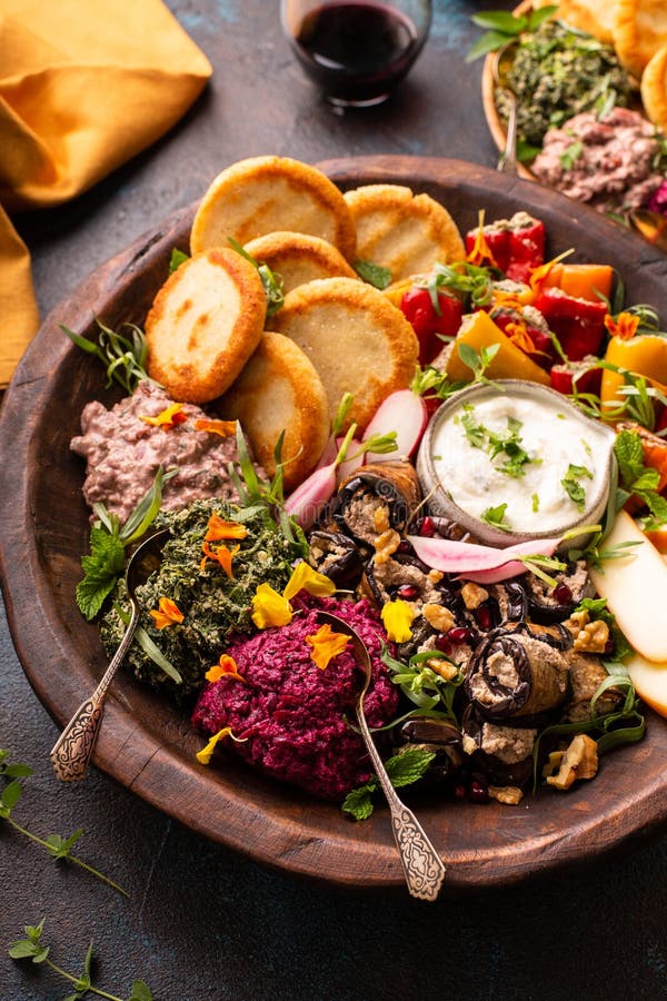 Vegetarian Appetizers Cuisine, Bread, Dips and Cheese Stock