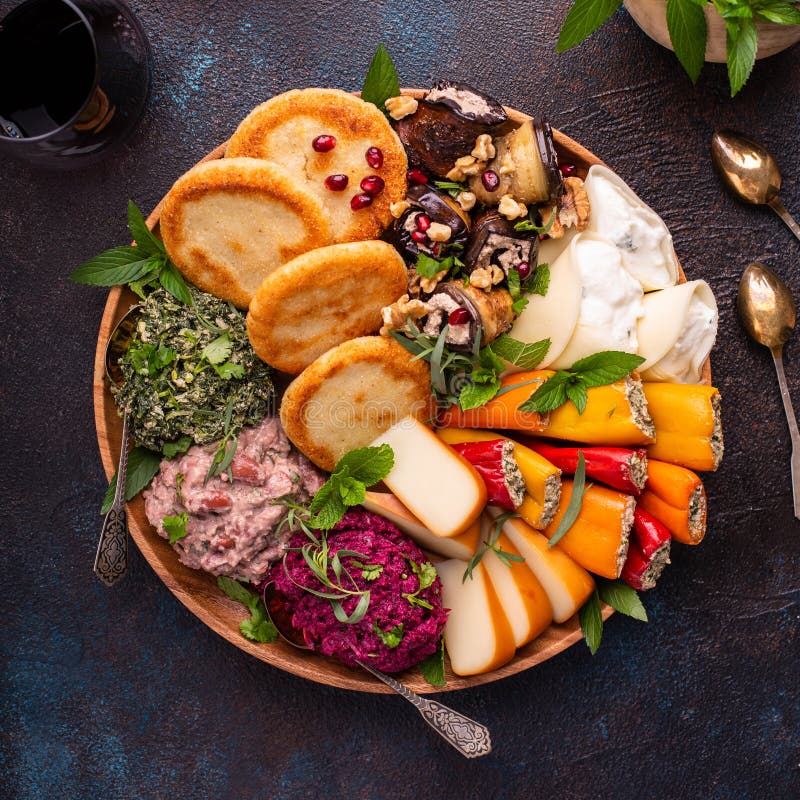 Vegetarian Appetizers Cuisine, Bread, Dips and Cheese Stock