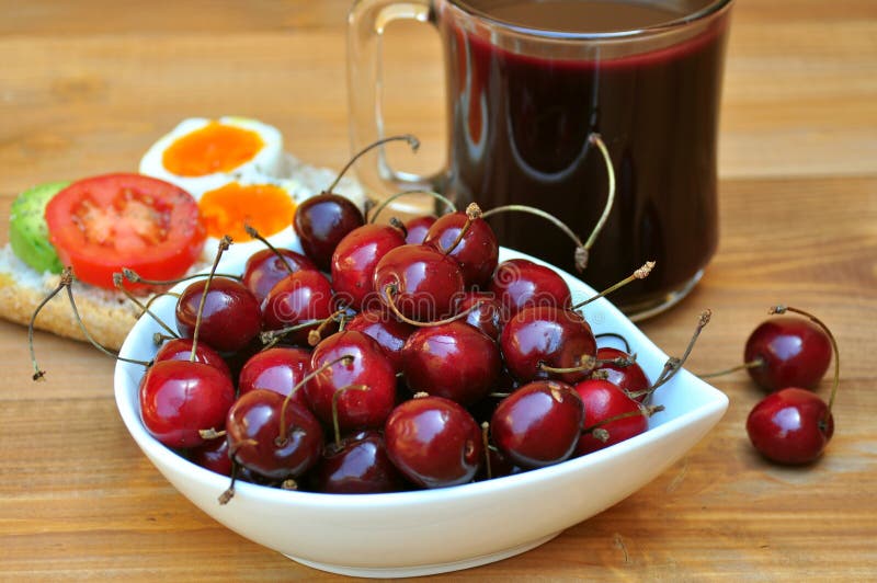 Vegetarian breakfast with fresh cherries